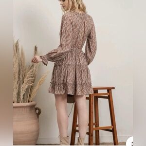 NWT By The River Leaf Print, Brown Tiered Ruffle Boho Cottage Mini Dress